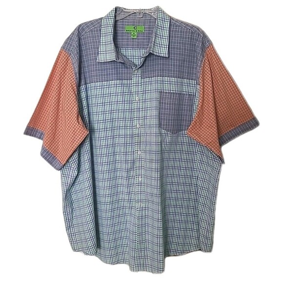 Bristol & Bull Shirt Mens 4X Blue Orange Checkered Plaid Button Up Short Sleeve - Picture 1 of 8